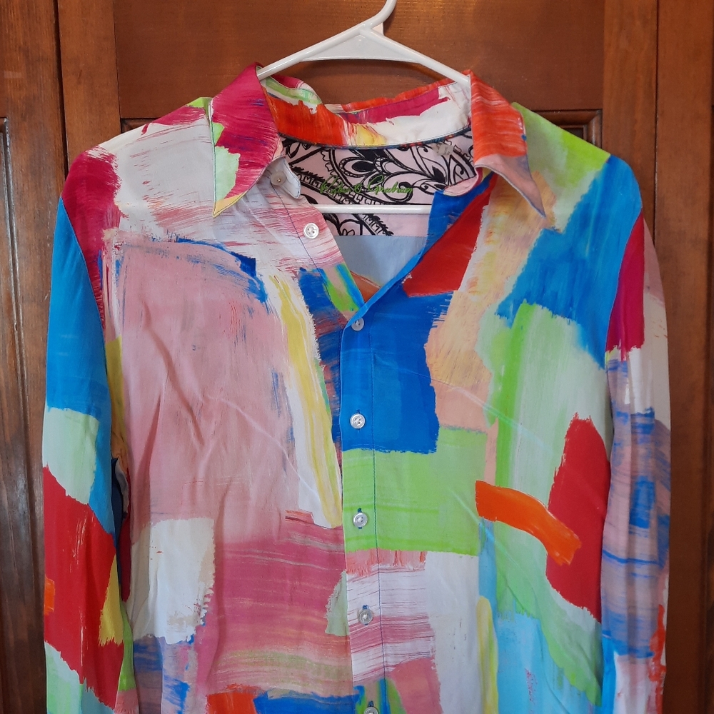 Robert Graham 100% Silk Abstract Paint Swatch Button Up Blouse Size Small - Picture 2 of 13